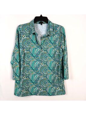 Talbots Paisley Tunic Top Green Boho Stretch Long Sleeve Blouse Womens L
